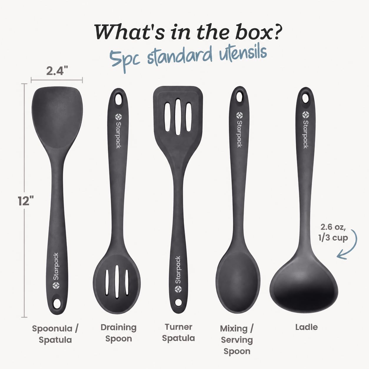 Starpack Stir and Serve Silicone Cooking Utensils Set (5-Piece, 11") - LFGB Non Toxic, 600°F Heat Resistant, BPA-Free - One-Piece Seamless, Dishwasher Safe - for Nonstick Cookware, Earthy Pink