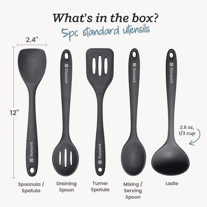 Starpack Stir and Serve Silicone Cooking Utensils Set (5-Piece, 11") - LFGB Non Toxic, 600°F Heat Resistant, BPA-Free - One-Piece Seamless, Dishwasher Safe - for Nonstick Cookware, Earthy Pink