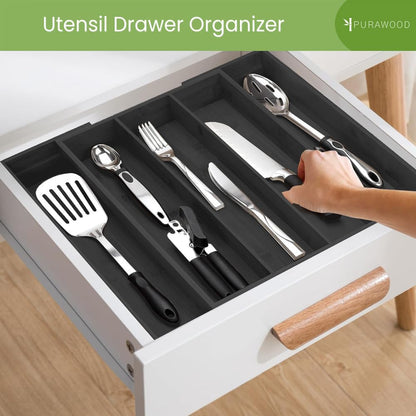 Purawood Bamboo Drawer Organizer - Expandable Silverware Organizer & Utensil Drawer Organizer, Cutlery Tray with Dividers, 7-9 Slots- Kitchen Organizer for Utensils & Flatware (Natural)