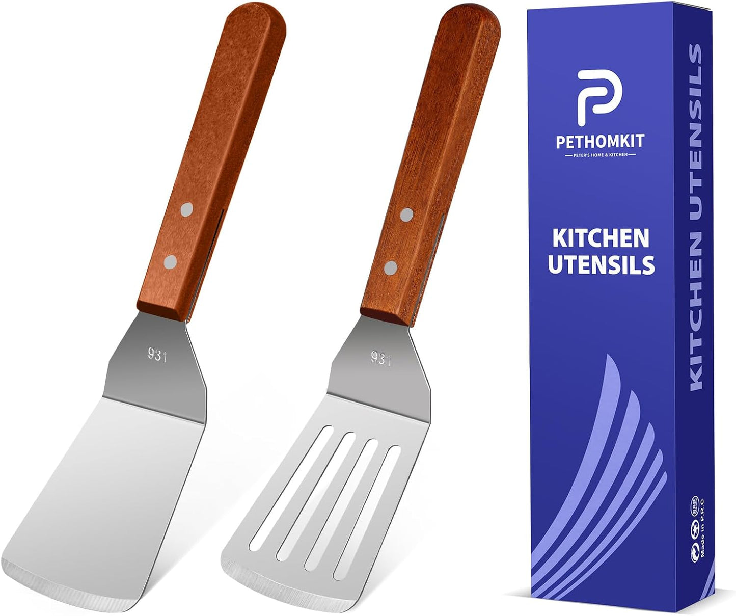 Small Flat Metal Spatula Scraper Set,2 Pcs Stainless Steel Dough Food Scraper Kitchen Tool, Griddle Grill Scrapers for Flat Tops Pancake Pizza Burgers Cooking Cutting Flipping Cleaning, Slant Edge