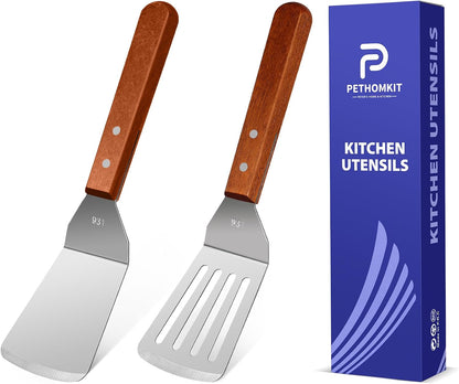 Small Flat Metal Spatula Scraper Set,2 Pcs Stainless Steel Dough Food Scraper Kitchen Tool, Griddle Grill Scrapers for Flat Tops Pancake Pizza Burgers Cooking Cutting Flipping Cleaning, Slant Edge