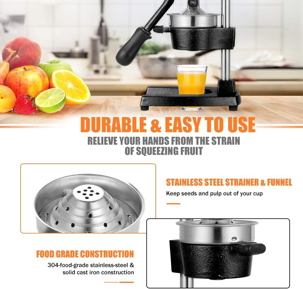 Commercial Heavy Duty Cast Iron Hand Press Manual Orange Citrus Lemon Lime Grapefruit Pomegranate Fruit Juice Squeezer Machine with Stainless Steel Cup