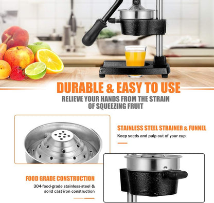 Commercial Heavy Duty Cast Iron Hand Press Manual Orange Citrus Lemon Lime Grapefruit Pomegranate Fruit Juice Squeezer Machine with Stainless Steel Cup