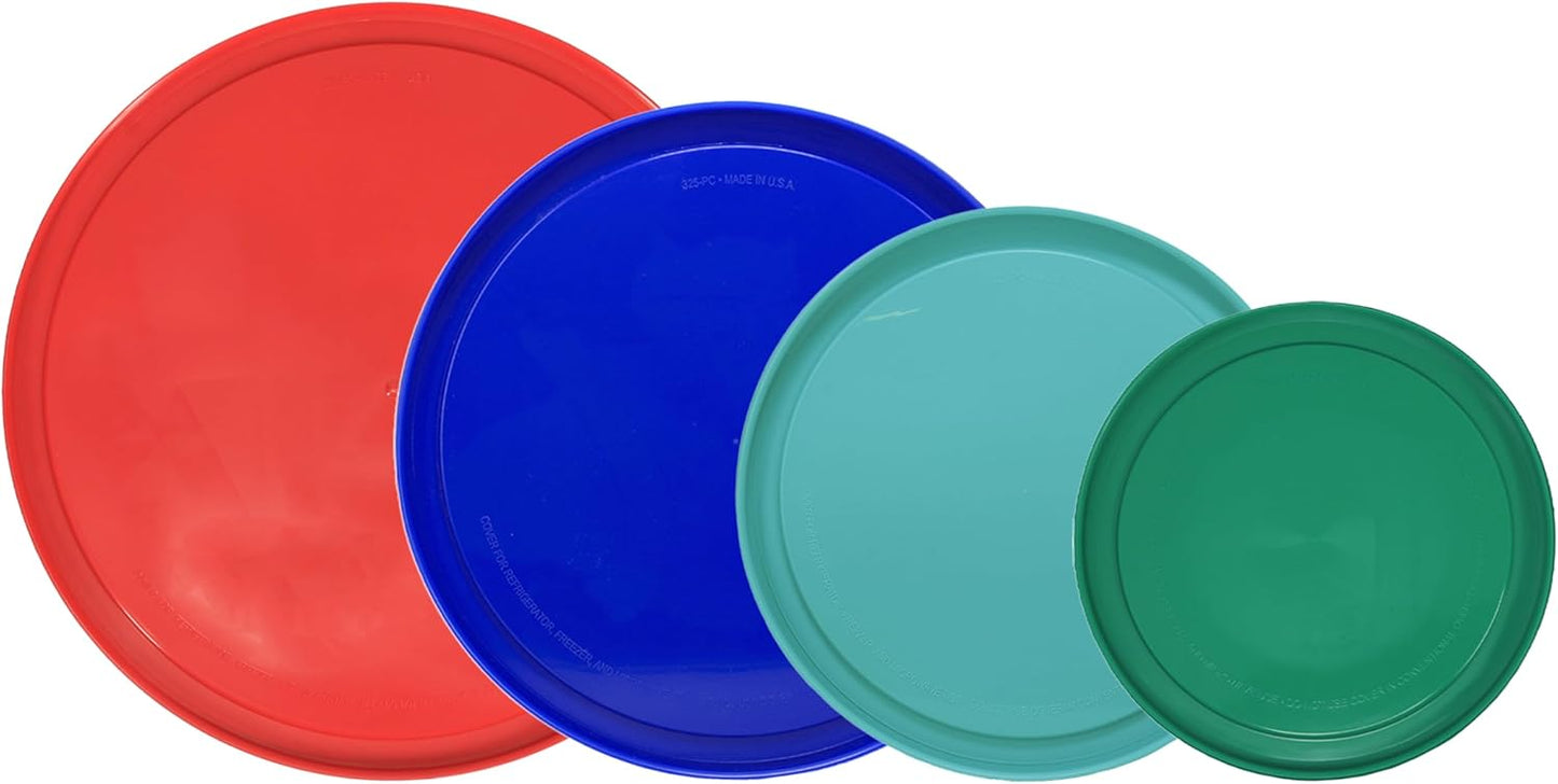 Pyrex (1) 322-PC Green, (1) 323-PC Orange, (1) 325-PC Blue, and (1) 326-PC Red Mixing Bowl Lids (FOR PYREX MIXING BOWLS ONLY) - Made in the USA