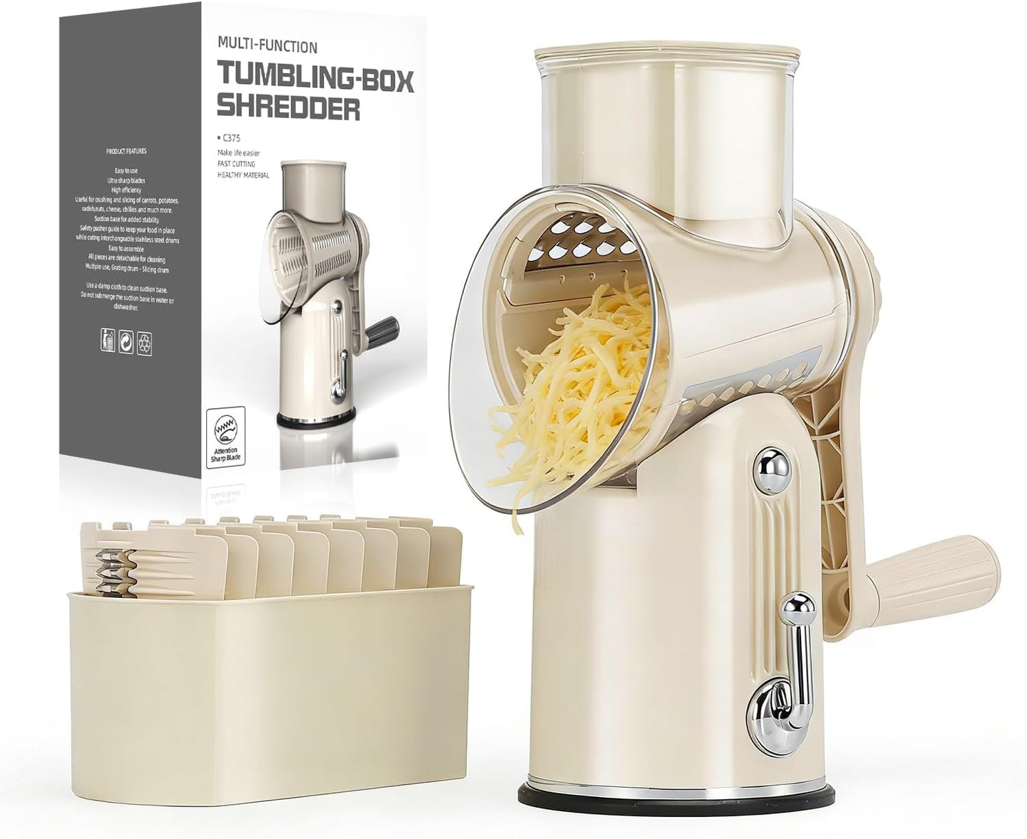 KEOUKE Rotary Cheese Grater 5 in 1 White - Hand Crank Vegetable Cutter, Shredder, Slicer, Enlarge Input, Suction Base, Labor-Saving Handle, Blade Storage Box, for Onion, Potato, Vegetable, Nuts, etc