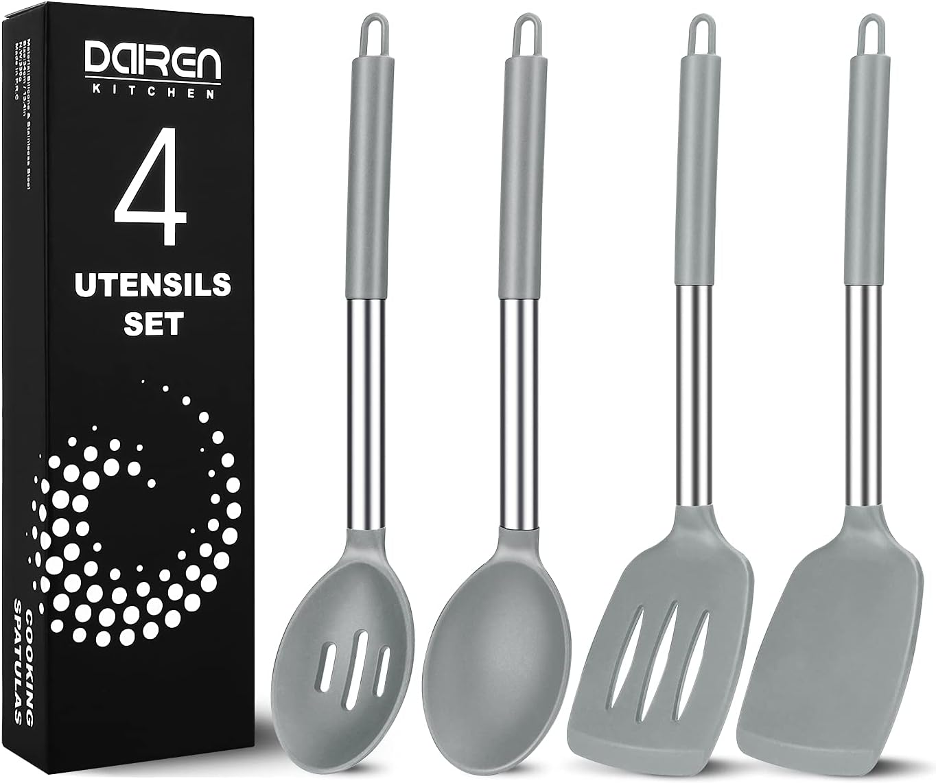 Pack of 4 Large Silicone Cooking Spatulas and Spoons, Slotted and Solid Stainless Steel Cooking Utensils Set, Non-stick Heat Resistant Kitchen for Baking, Fried, Stir-Fry, Mixing, Serving (Black)