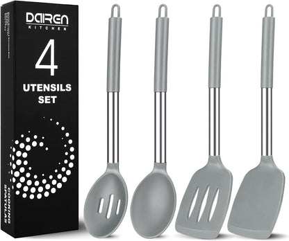 Pack of 4 Large Silicone Cooking Spatulas and Spoons, Slotted and Solid Stainless Steel Cooking Utensils Set, Non-stick Heat Resistant Kitchen for Baking, Fried, Stir-Fry, Mixing, Serving (Black)
