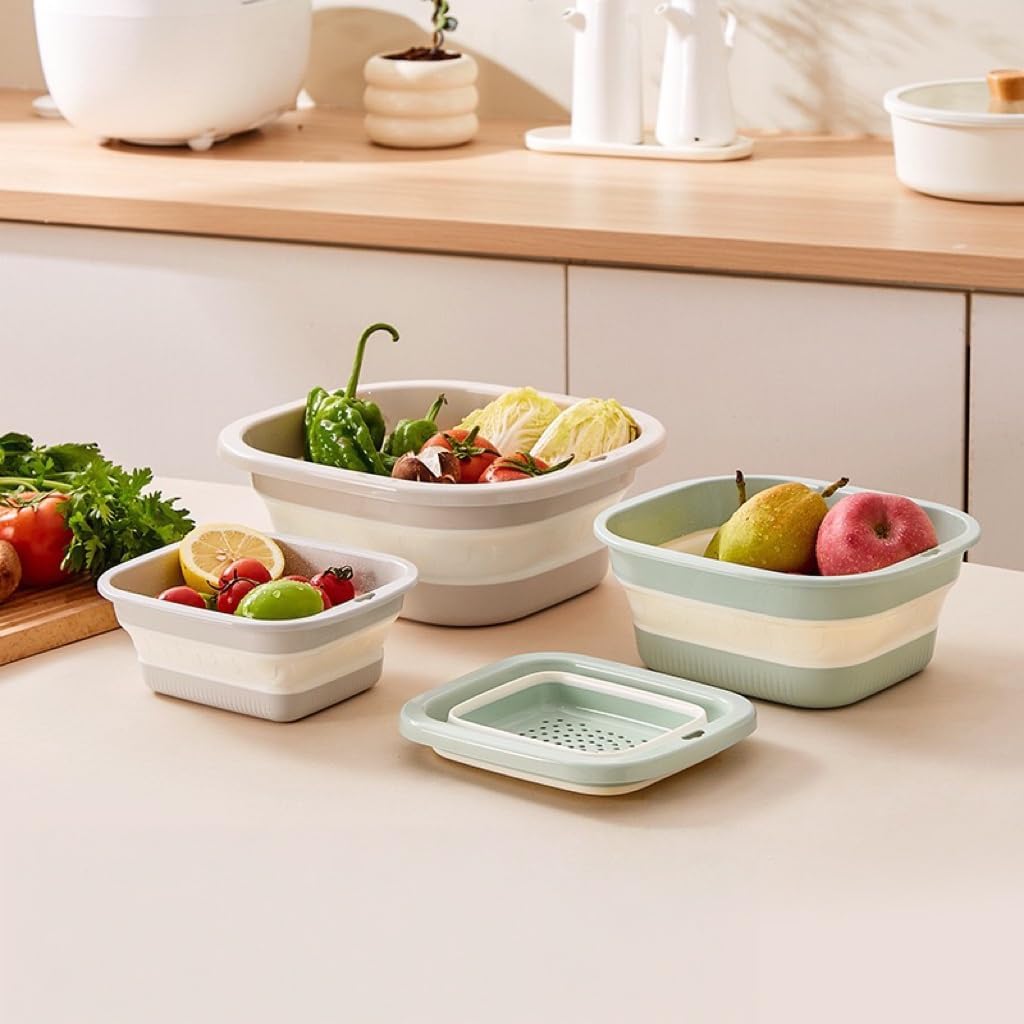 2pcs Folding Colander Bowls Strainers for Kitchen, Double Layer Drain Basket and Fruits Bowl, Multipurpose Food Prep Container for Pasta, Spaghetti, Vegetables, & Fruit Draining (Milky white)
