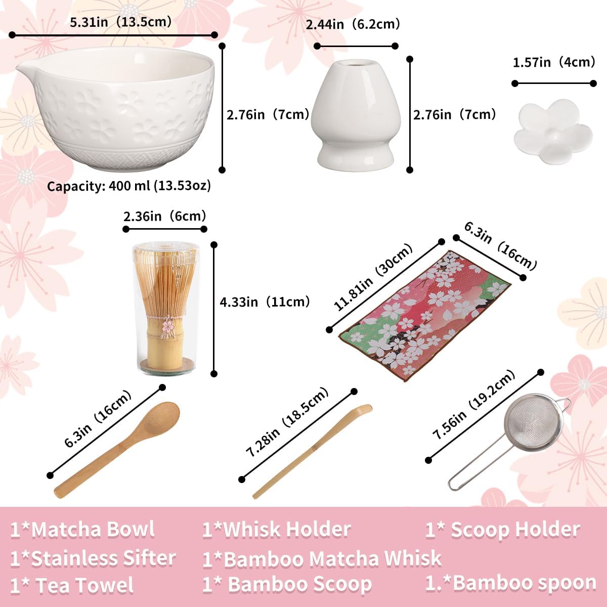 8-Piece Matcha Ceremony Set - Tea Kit with Cherry Blossom Bowl, Bamboo Whisk, Wood Scoops, Tea Cloth & Floral Display - Gift-Ready Pink Cherry color box (blue)
