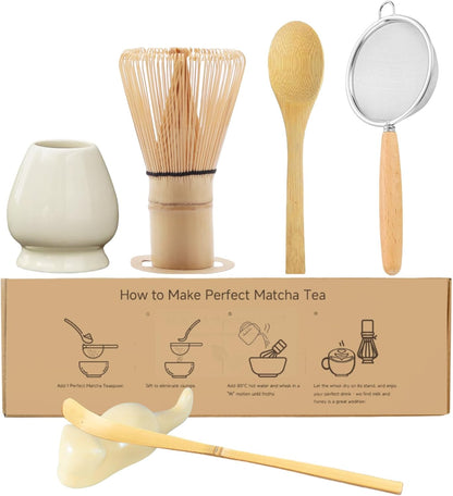Matcha Whisk Set, 6-Piece Matcha Making Kit, Macha Tea Set, (Chasen Holder), Ceramic Whisk Holder, Matcha Starter Sifter, Bamboo Scoop, Spoon Japanese Tea Tools For Ceremony Gift (Green)