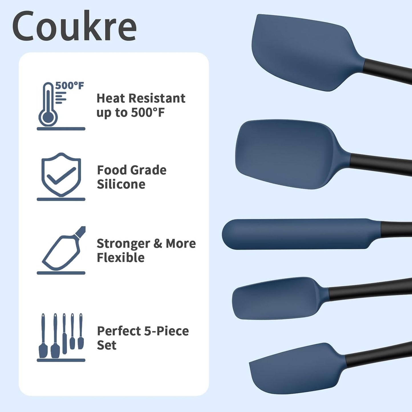 Coukre Silicone Spatula Set of 5,High Temperature Resistant, Food Grade Silicone, Dishwasher Safe, for Baking, Cooking (Aqua Green)