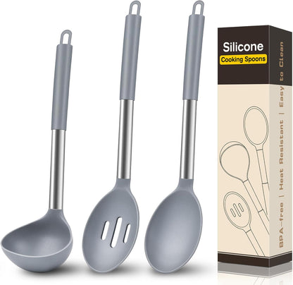 3 Pcs Silicone Cooking Spoon Set, Kitchen Utensils Include Solid & Slotted Spoon, Soup Ladle, Food-Grade Heat Resistant, Non-Scratch Spoons for Serving, Stirring, Draining, Dishwasher Safe, Black