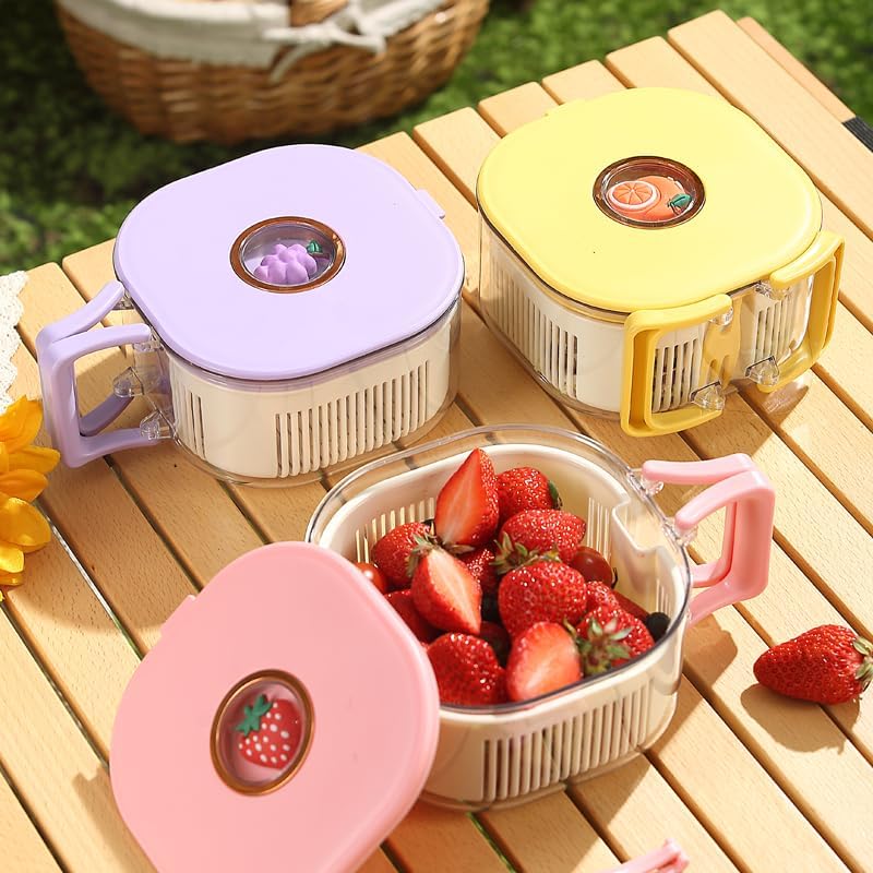 Fruit and Salad Washing Bowl with Strainer,Colander for Kitchen,Multi-Functional Vegetable and Food Drainer with Lid, Handle and Fork,Portable Fruit and Salad Containers for Fridge,BPA Free，Grape