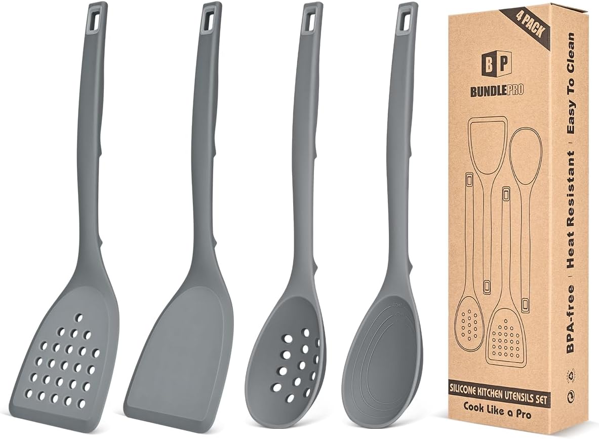 Pack of 4 Silicone Cooking Utensils Set, Non Stick Solid Spatulas and Heat Resistant Slotted Spoons with Back Hooks, Ideal BPA Free Kitchen Utensils Set for Frying,Serving,Turning,Stirring(KHAKI)