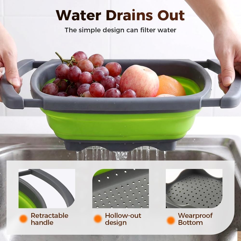 6 Quart Collapsible Colander Strainer Over the Sink, Extendable Handles Kitchen Vegetable Fruit Pasta Strainer Basket, Space-Saving Silicone Food Grade, Dishwasher Safe (Blue)