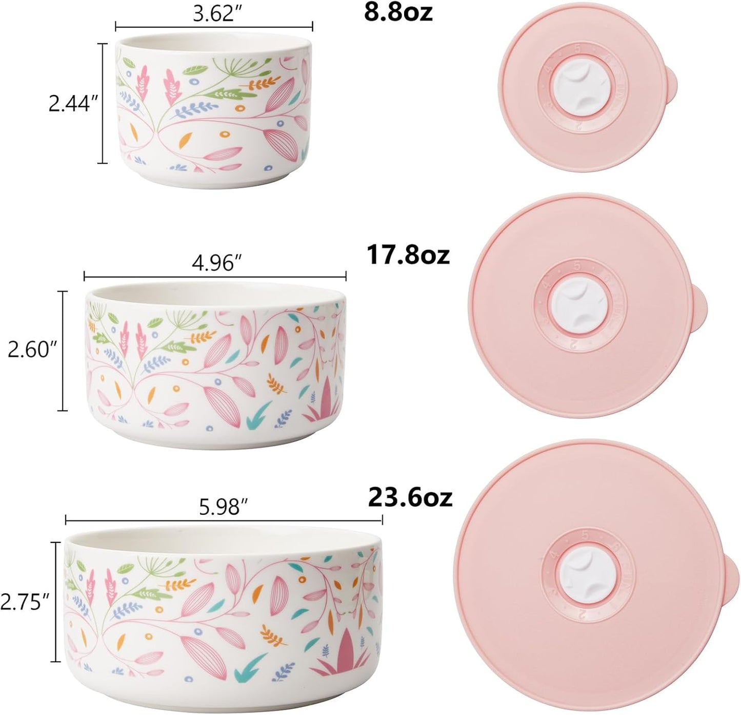 Ceramic Bowls with Lids, 4, 5, 6 Inch Ceramic Nesting Bowls Set for Soup, Salad, Cereal, Serving or Gift, Ceramic Food Storage Container, Microwave & Dishwasher Safe