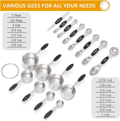 Measuring Cups and Magnetic Measuring Spoons Set, Wildone Stainless Steel 16 Piece Set, 8 Measuring Cups & 7 Double Sided Stackable Magnetic Measuring Spoons & 1 Leveler
