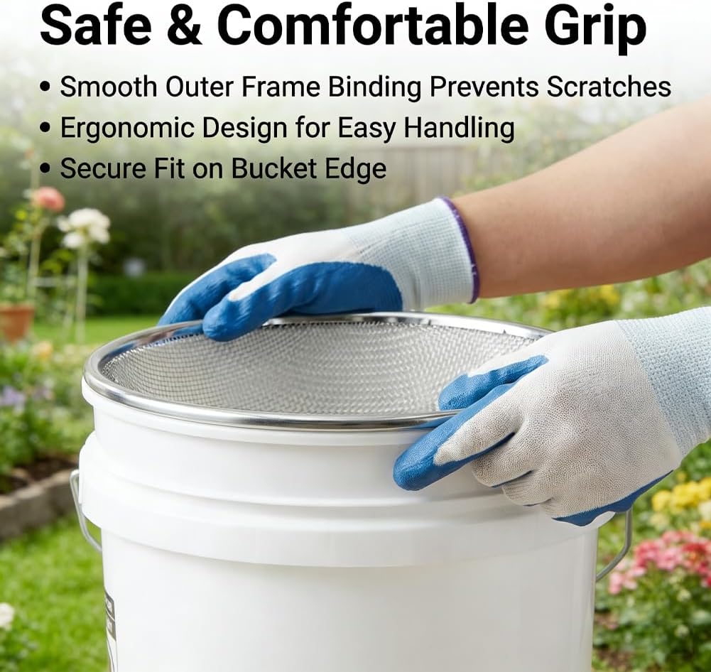 Gardening Sieve with Mesh Strainer, Soil Sifter Screens for 5 Gallon Buckets, Iron Bucket-Top Sieve Set with Gloves, 3/8 inch, 1/4 inch and 1/8 inch Mesh for Compost, Sawdust and Worm Castings