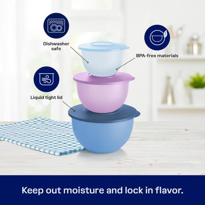 Tupperware Impressions Classic 3 Piece Food Storage Bowl Set in Blue and Purple, Dishwasher Safe and BPA Free (3 Containers, 3 Lids)
