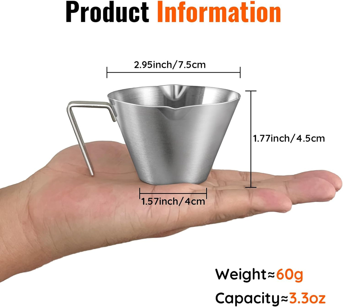 YARRAMATE 2 Pcs Espresso Cups with Handle, Stainless Steel Espresso Accessories, Double Spout Metal Measuring Cup with Dual Scale, Espresso Shot cup with V-Shaped Mouth, 3.4OZ/100ML(Silver)