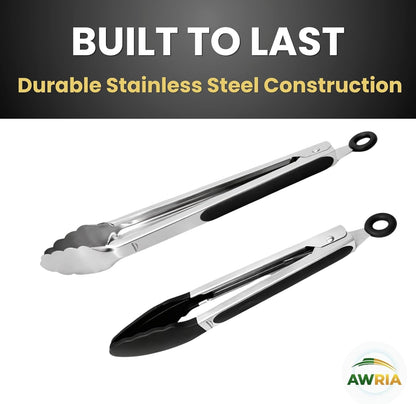 Silicone Tongs For Cooking Heat Resistant Stainless Steel Kitchen Tongs With Silicone Tips Cooking Tongs For Serving Food 9” + 12” Locking BBQ, Grilling, Air Fryer, Black Dishwasher Safe