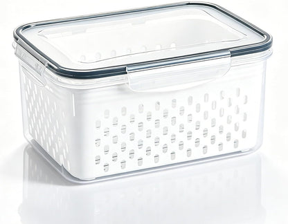 Drain Storage Basket, Fruit Storage Containers for Fridge with Removable Colander and Lid Produce Containers Keep Fruits Vegetables Meat Freshness (1750ML)