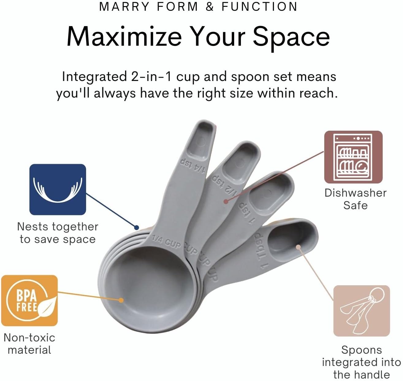Storage Theory 2-in-1 Measuring Cups & Spoons Set (4-Piece) - Nesting Space-Saving Kitchen Gadget - BPA-Free Food Grade Plastic - Dishwasher Safe for Baking, Cooking, Coffee - White