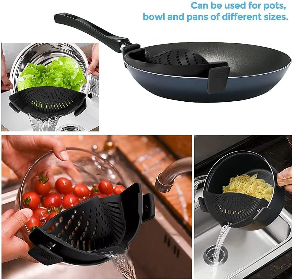 Clip-On Silicone Pot Strainer for Pots & Pans, Adjustable Heat-Resistant Pasta Drainer, Compact Kitchen Colander for Vegetables & Noodles (Grey)