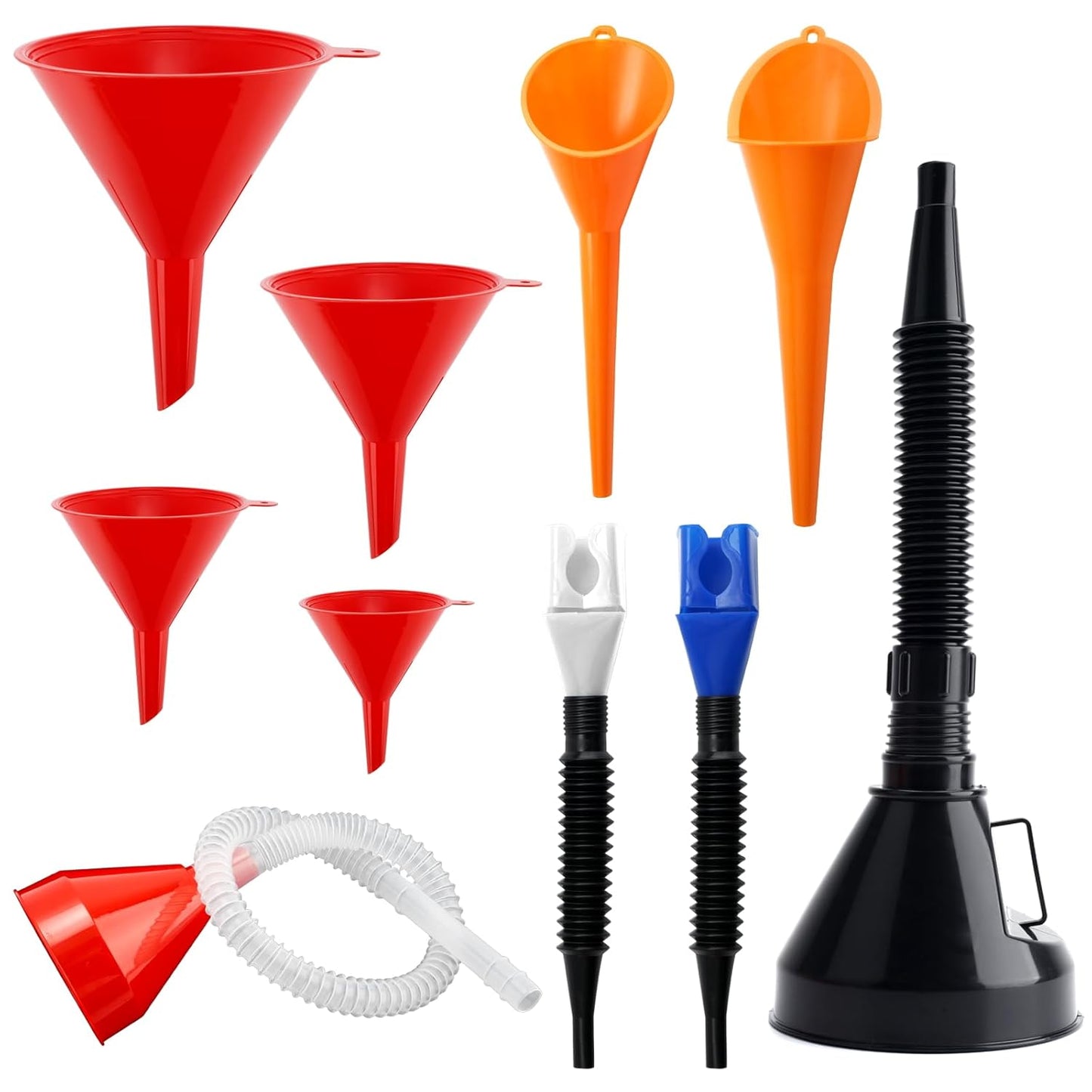 10Pcs Funnels for Automotive Use,Automotive Funnels Set,Wide Mouth Fuel Funnel, Plastic Long Neck Oil Funnel,Flexible Oil Funnel Kit with Spout and Filter for Filling Coolant, Engine Oil, Gasoline