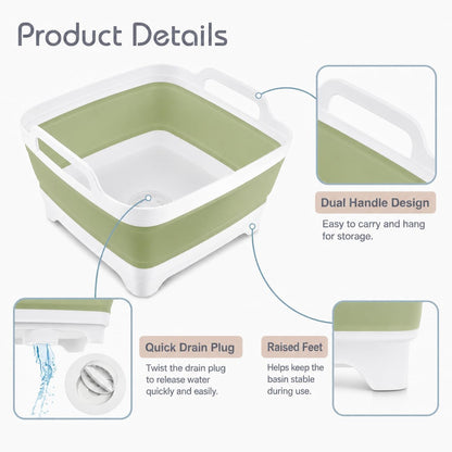 2.4 Gal(9L) Collapsible Dish Basin with Drain Plug, Space Saving Outdoor Multiuse Foldable Sink Tub, Dishpan, Kitchen Storage Tray for Camping, Vegetable Washing, RV (Gray)