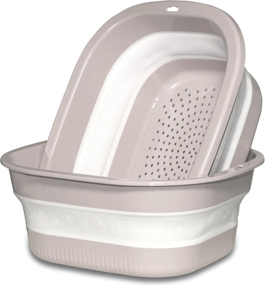 Collapsible Dish Basin with Colander, Foldable 2-in-1 Dish Pan and Strainer Set with Drain Holes, Portable Wash Basin for Kitchen Sink, Camping, Travel & RV (Pink)