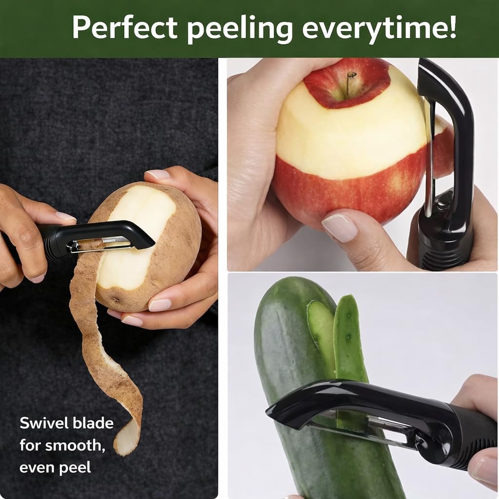 Black Premium Vegetable Peeler | Ultra-Sharp Swivel Stainless Steel Blade | Ergonomic Soft Grip Handle | Mango Peeler | Dishwasher Safe | Skin Peeler for Veggies & Fruits | Potato Peeler & Eye Remover