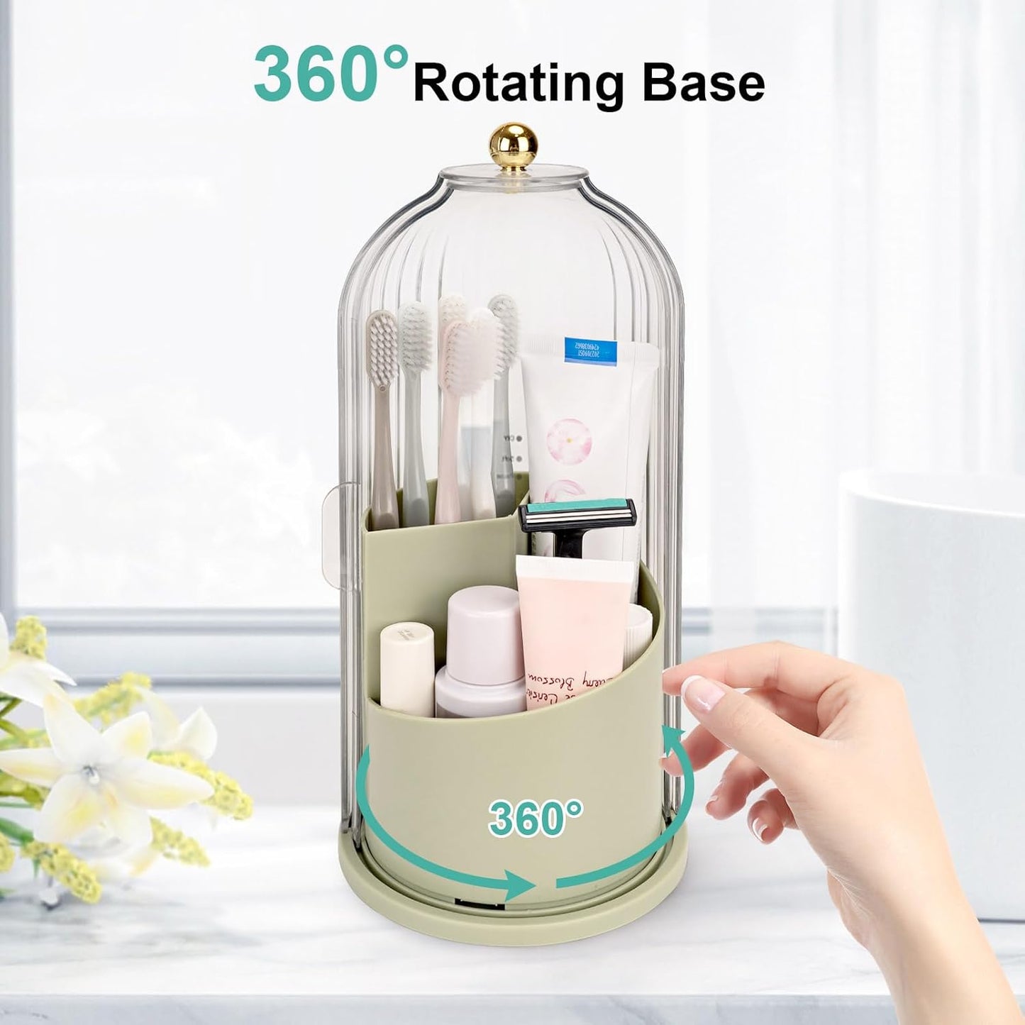 QIYVLOS Toothbrush Holders with Sliding Lid, Rotating 3 Slots Bathroom Organizer Countertop, Tooth Brush Toothpaste Holder Bathroom Counter Stand Sink Organizer Caddy for Vanity Makeup Brushes Holder