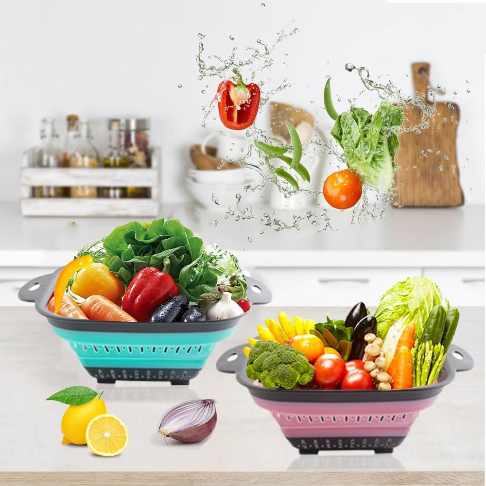 Collapsible Colander Set, Square Round Triangles Silicone Kitchen Strainer Perfect for Draining Pasta Vegetable fruit 2 PCS (10.8"L x 8.6"W x 2"H, Blue & Gray)