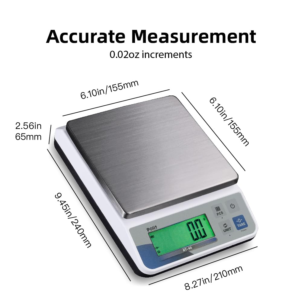 Polit Digital Kitchen Scale KT-66 30lb/13kg｜0.05oz/1g Precision Food Scale with LCD Display｜Battery or Plug-in｜Stainless Steel Top｜Grams, Ounces, Pounds｜5 Units for Baking, Farming & Shipping Scale
