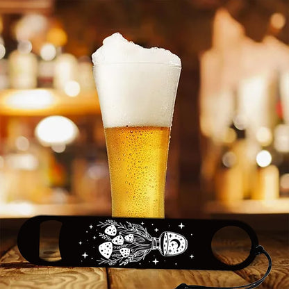 GLOBLELAND 7inch Lunar Phase and Mushrooms Art Stainless Steel Bottle Opener with PU Cord Bar Key for Bartender Beer Bottle Opener Flat Bar Bartender Openers Gift for Home Kitchen Bar Party