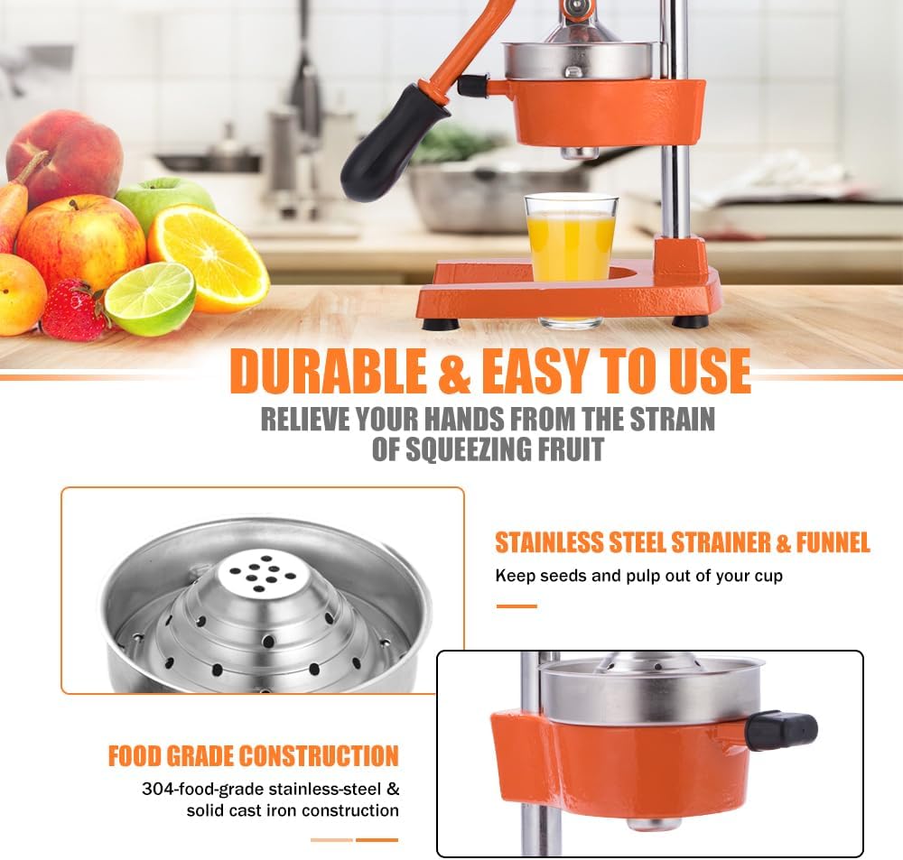 Commercial Heavy Duty Cast Iron Hand Press Manual Orange Citrus Lemon Lime Grapefruit Pomegranate Fruit Juice Squeezer Machine with Stainless Steel Cup