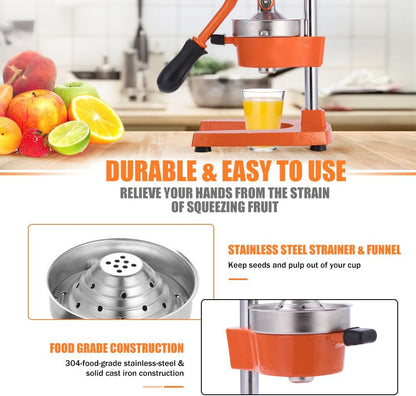 Commercial Heavy Duty Cast Iron Hand Press Manual Orange Citrus Lemon Lime Grapefruit Pomegranate Fruit Juice Squeezer Machine with Stainless Steel Cup