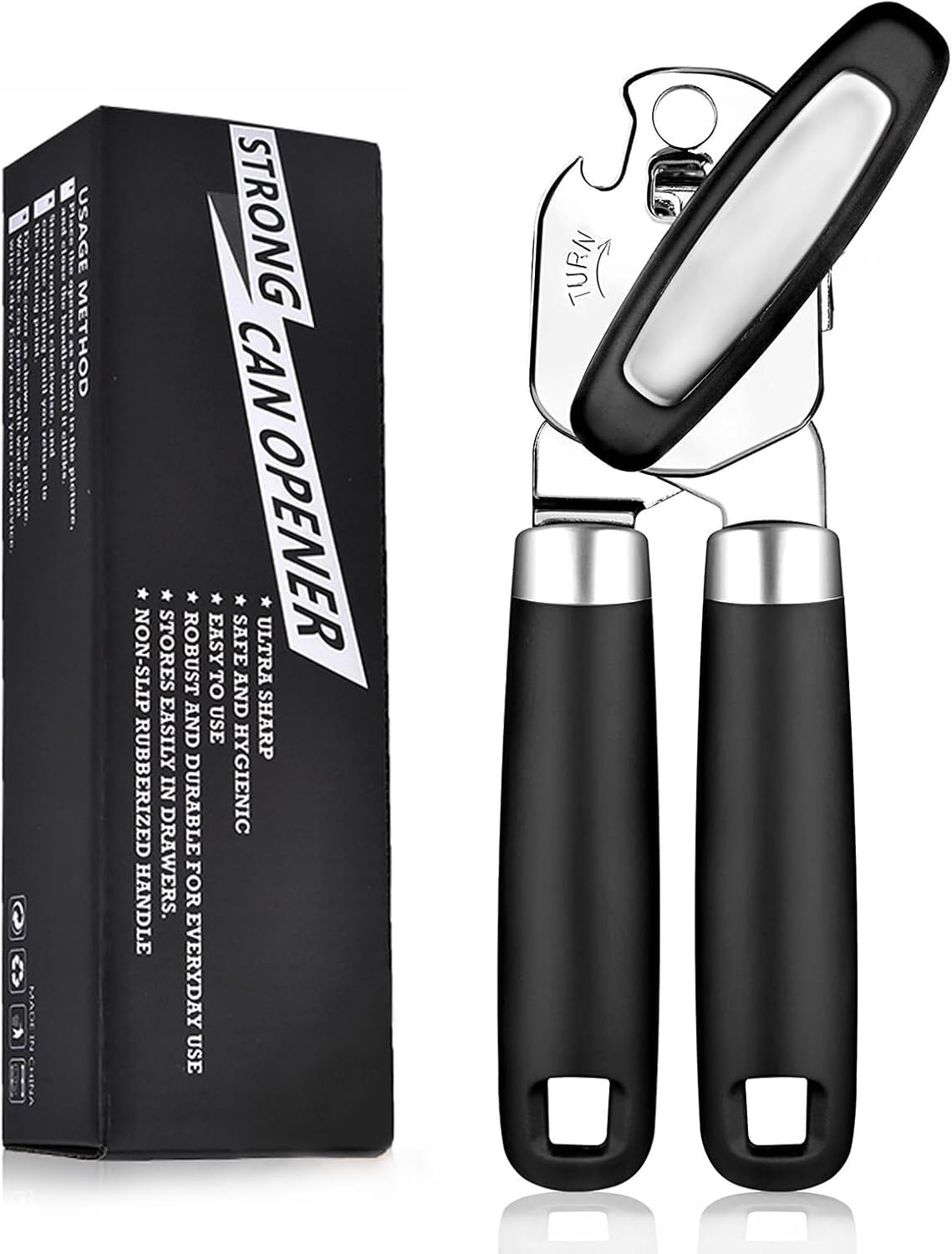 Can Opener Manual with Smooth Edge - Heavy Duty Stainless Steel Handheld Opener for Seniors, Opens Cans & Jars, Ergonomic Grip, Easy Clean (Abre Latas/Abridor de Latas)