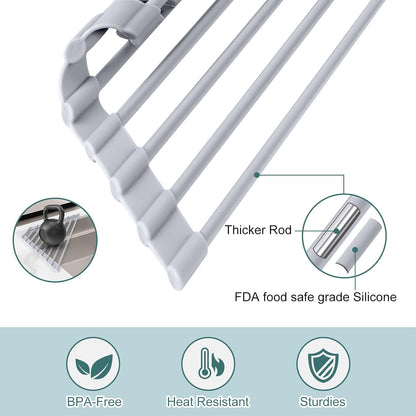 MERRYBOX Roll Up Over The Sink Dish Drying Rack Silicone Wrapped Foldable, Heat-Resistant, Anti-Slip Sink Rack Multipurpose Dish Drainer for Kitchen Sink Counter - White, 17.5" x 11"