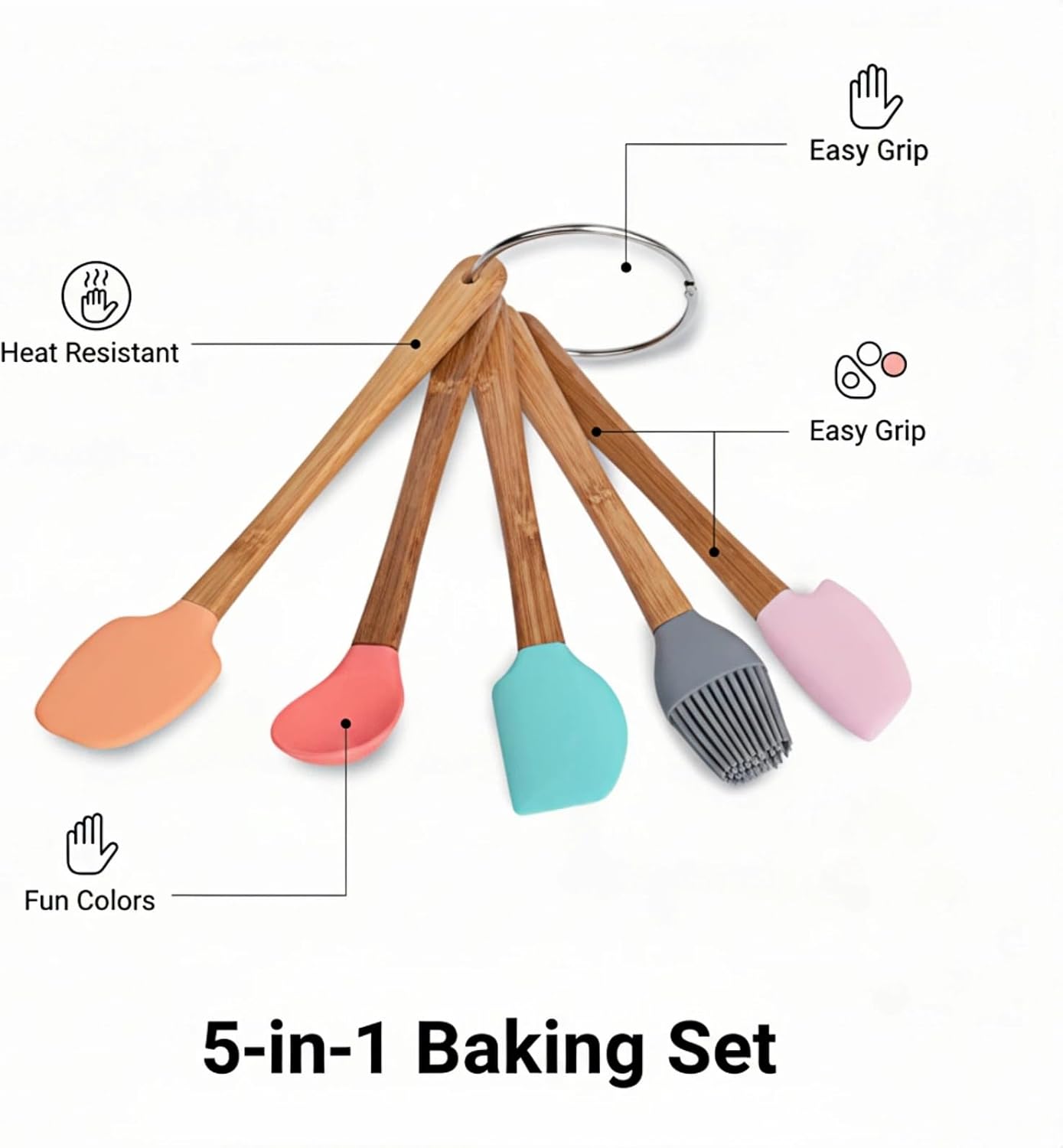 Silicone Mini Spatula,Small Spatulas for Kitchen Use,Rubber Scraper Heat Resistant Silicone Spatula Set Non-Stick Baking Utensils For Baking,Cooking & Stir -Bamboo Handle (5 Colorful)
