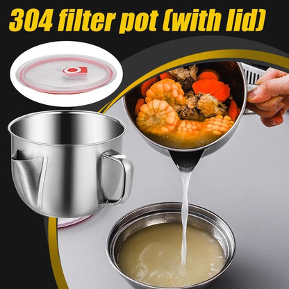 Stainless Steel Fat Separator,Gravy Grease Separator with Strainer and Glass Lid,Meat Strainer For Grease With Handle,Soup Oil Separator Cup for Cooking,Remove Excess Oil From Soup Or Food (Slivery)