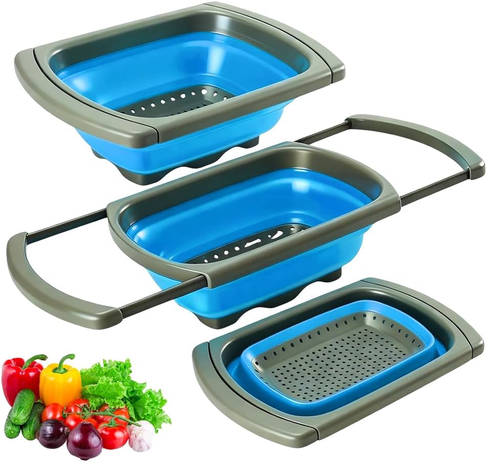 6 Quart Collapsible Colander Strainer, 2026 New Drain Cooked Pasta and Dry Dishes Square Silicone Kitchen Strainer, Upgrade Over The Sink Strainer Basket Colander Strainer (Green)
