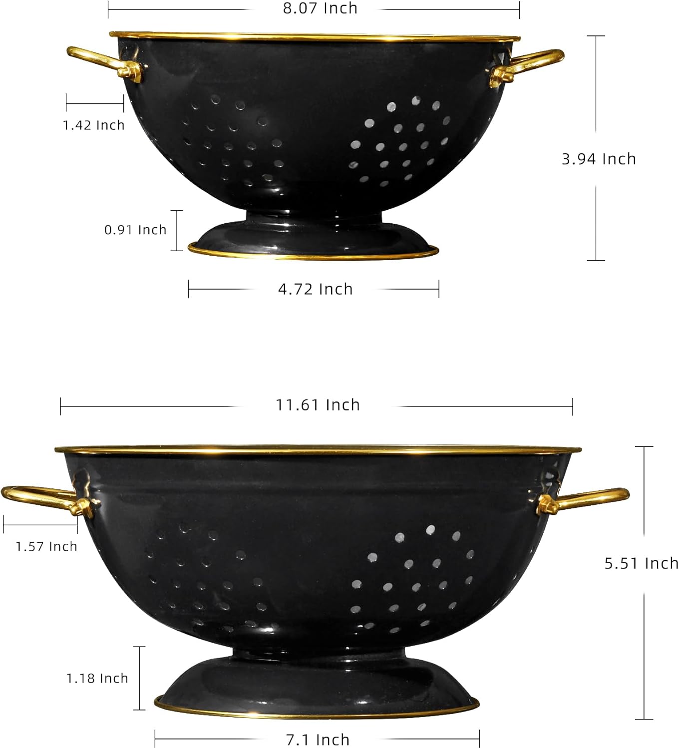 Metal Colander Set of 2, Strainer Basket with Handles perfect for Spaghetti, Pasta, Berry, Vegetable, Fruit, Solid Base Powder Coated Self-draining Kitchen Colander Bowel, 3.5 & 5 Qt, Matte Black