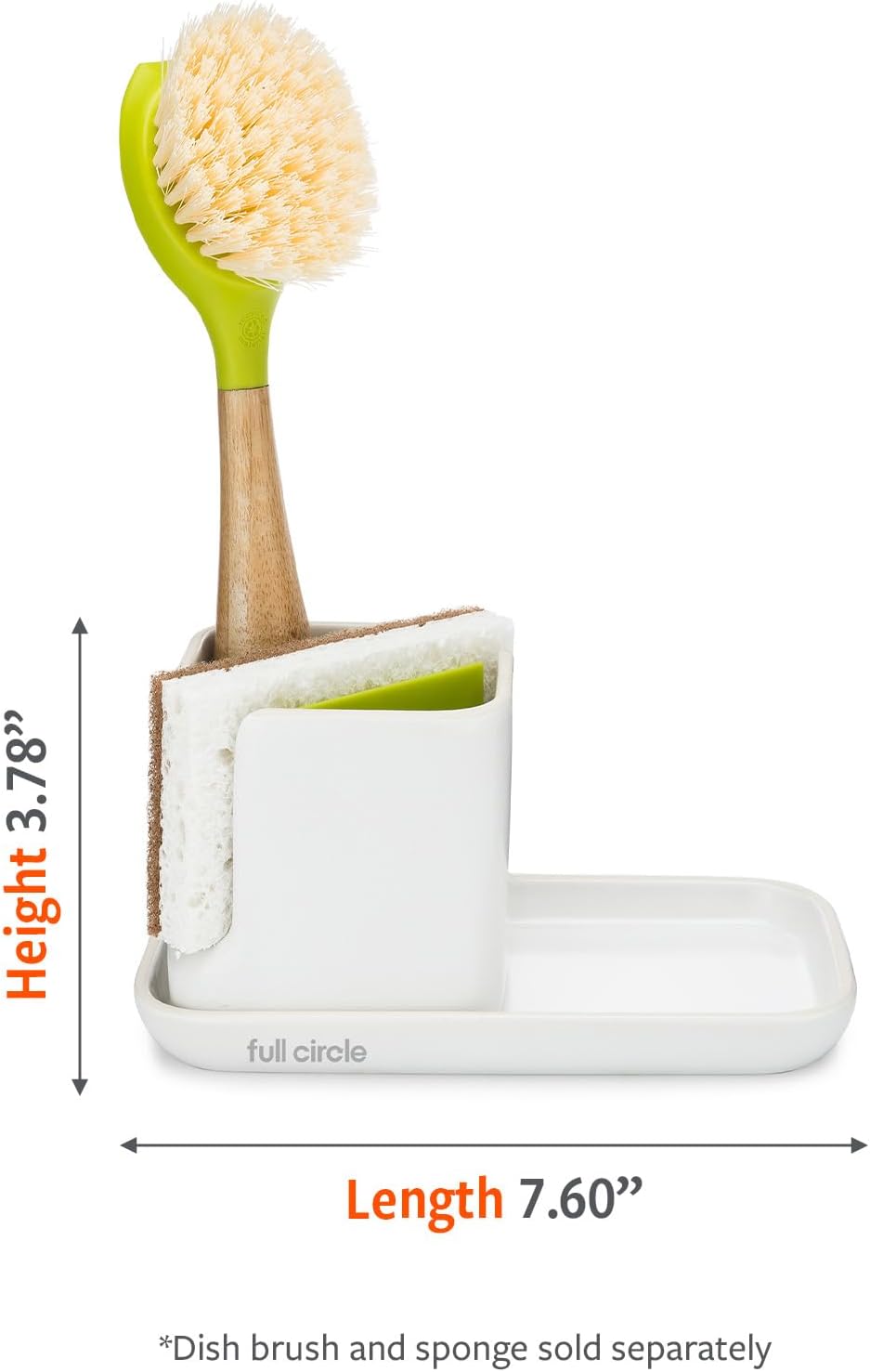 Full Circle Stash, Ceramic Kitchen Sink Caddy, Stylish Sponge Holder & Dish Brush Organizer, Easy to Clean, Dishwasher Safe, Rustproof, White and Gray