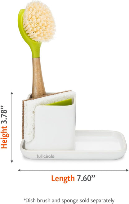 Full Circle Stash, Ceramic Kitchen Sink Caddy, Stylish Sponge Holder & Dish Brush Organizer, Easy to Clean, Dishwasher Safe, Rustproof, White and Gray