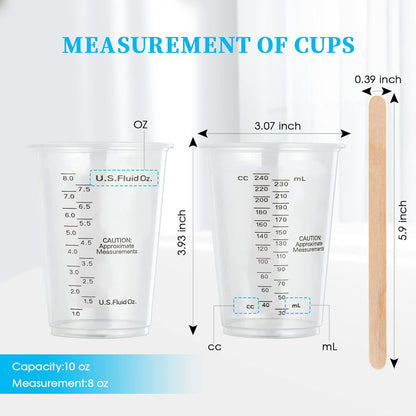 100 PACK Plastic Measuring Cups, 10 oz Disposable Mixing Cups with 100 Wooden Mixing Sticks, Can Be Used for Epoxy Resin, Liquid Measuring, Paint, Cooking and Baking