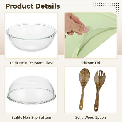 ZALIR Large Capacity Dough Mixing Bowl with Silicone Lid, Clear Glass Basin with Acacia Wood Salad Spoon & Fork for Home Baking, 6.9 qt / 6.55 L Basin for Kneading, Rising, Proofing Dough