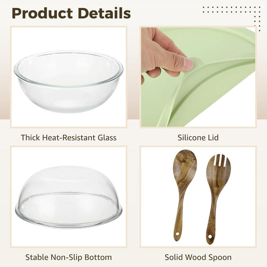 ZALIR Large Capacity Dough Mixing Bowl with Silicone Lid, Clear Glass Basin with Acacia Wood Salad Spoon & Fork for Home Baking, 6.9 qt / 6.55 L Basin for Kneading, Rising, Proofing Dough