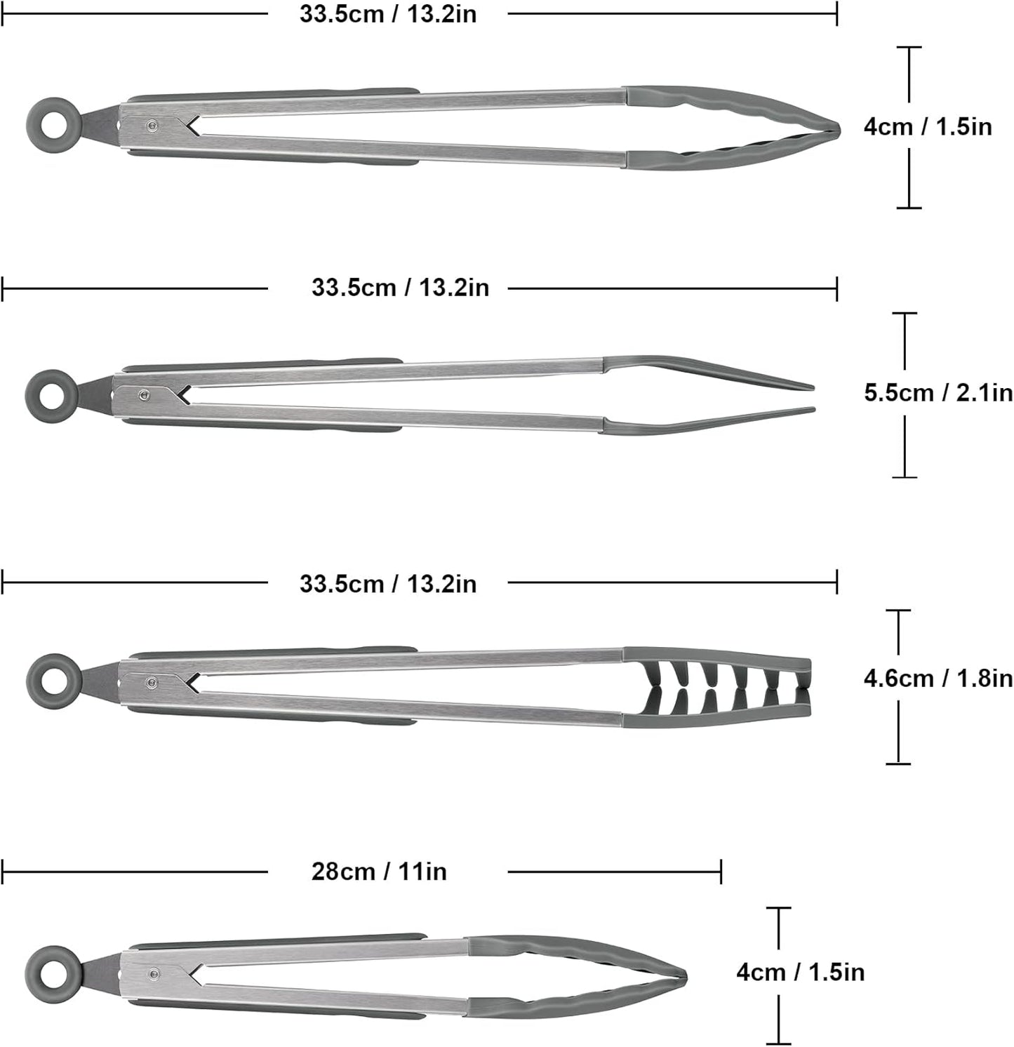 4in1 Stainless Steel Kitchen Food Tongs Set for Cooking with BPA Free Silicone Tips, Toaster Steak Pie Pizza Pasta Spaghetti Noodles Salad Fruit Vegetable Grill BBQ Buffet Clamp Serving Tools Gadgets